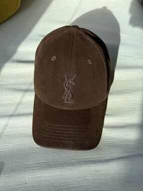Yves Saint Laurent Brown Corduroy Logo Baseball Hat